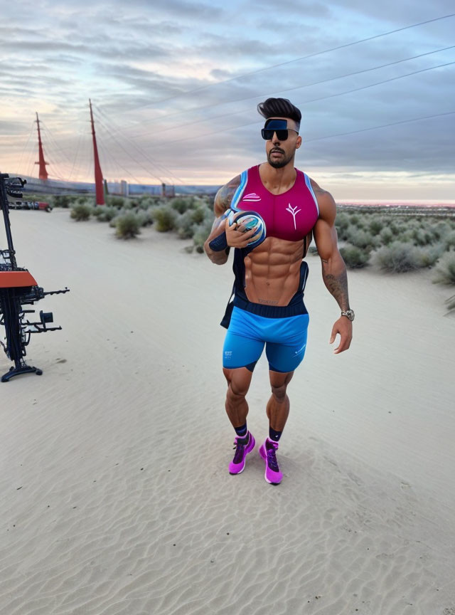 Bearded man in sports attire walking with rugby ball on sandy terrain