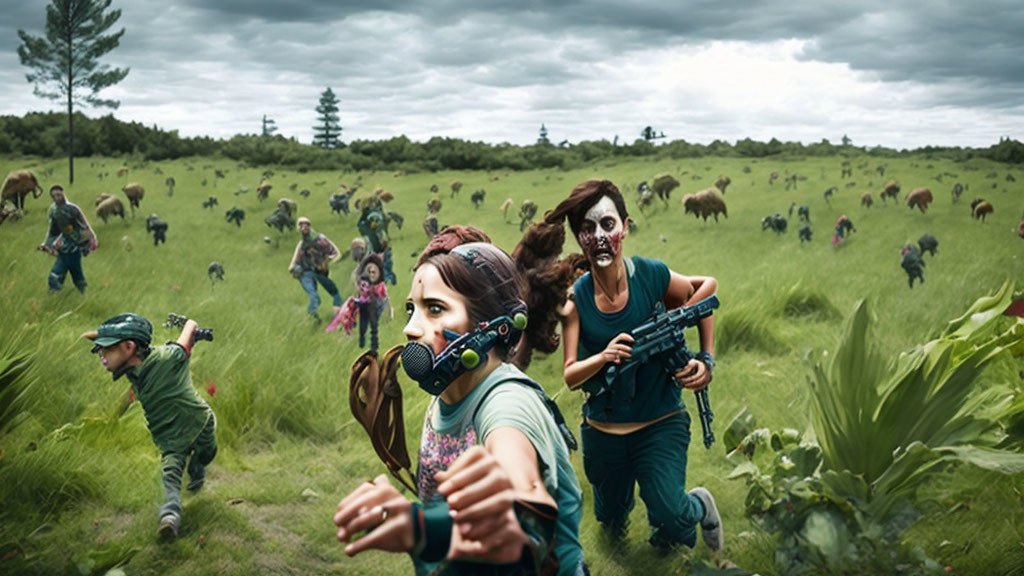 Individuals with face paint running in field with animals in survival scenario