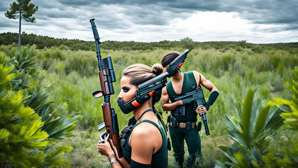 Two women in forest with rifles, tactical gear, alert