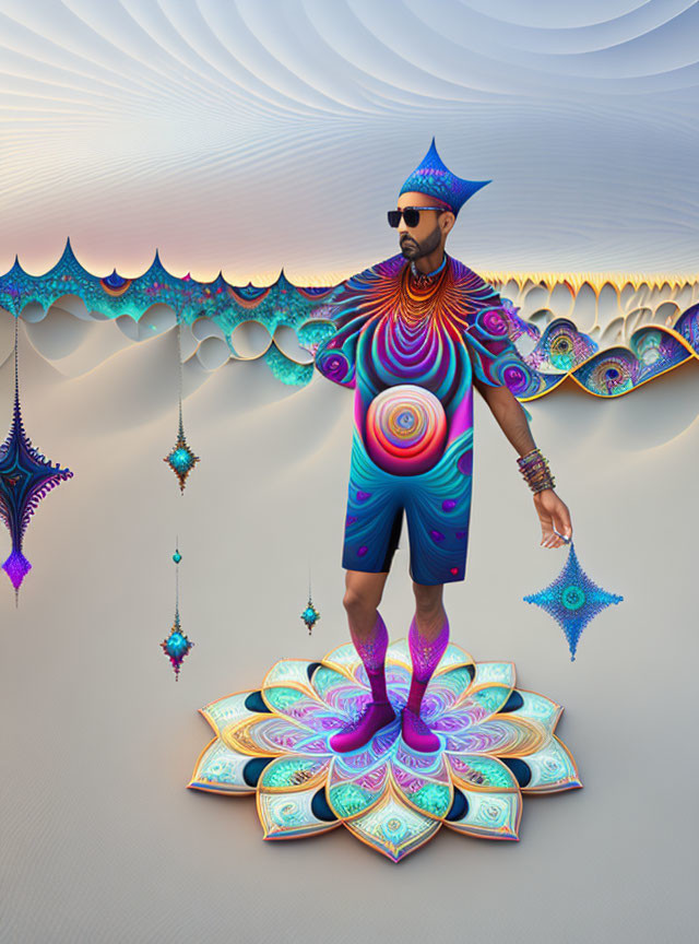 Bearded man on colorful fractal lotus in vibrant scene