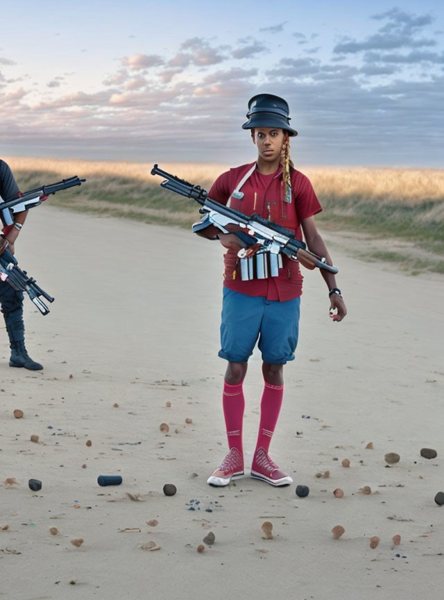 Two people in red and blue outfits with rifles on sandy ground