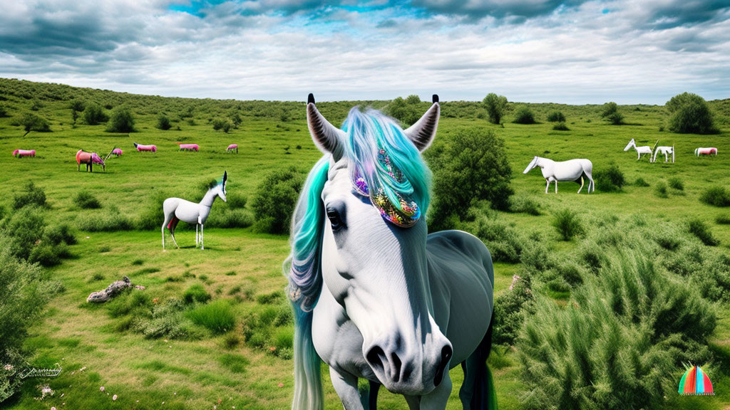 Colorful unicorn in lush green field with horses and trees under cloudy sky