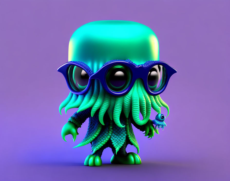 Cartoonish octopus character with teal-to-green body and round glasses