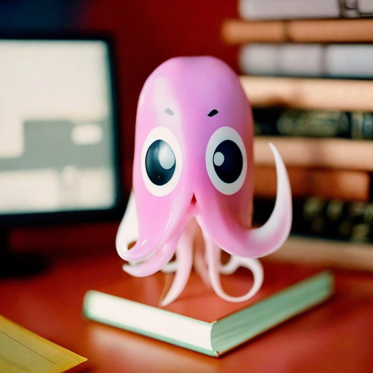 Pink Toy Octopus with Large Eyes on Desk with Books and Laptop