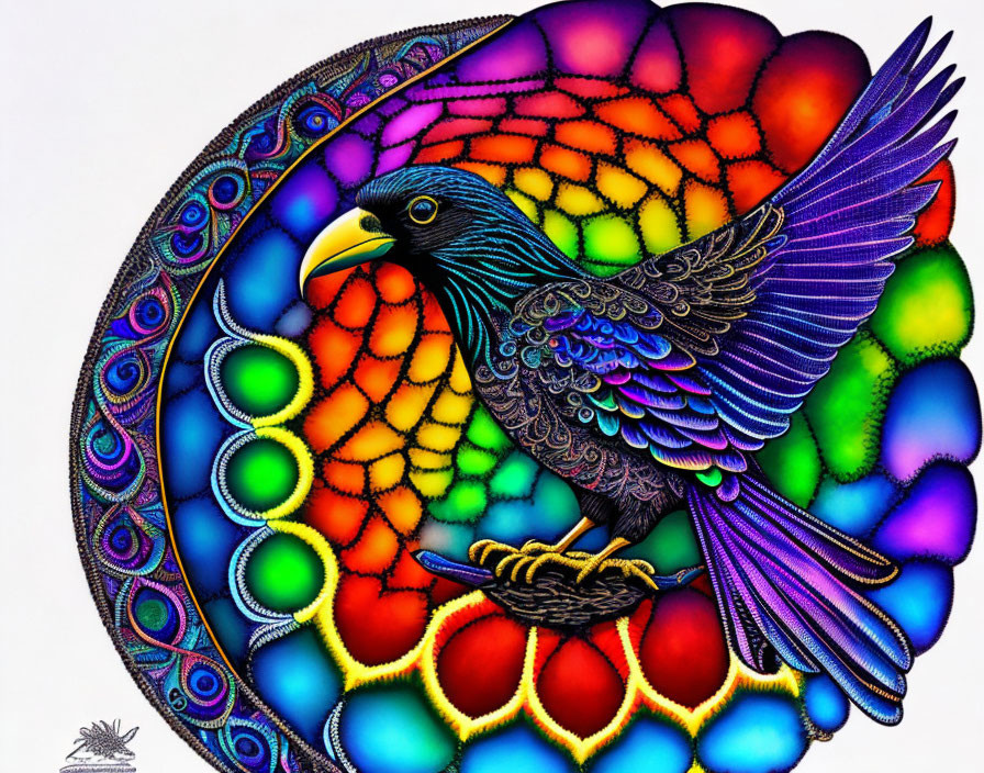 Colorful Stylized Peacock Artwork with Blues, Purples, and Reds