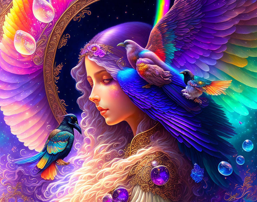 Fantastical image: Woman with iridescent hair, vibrant birds, cosmic backdrop.