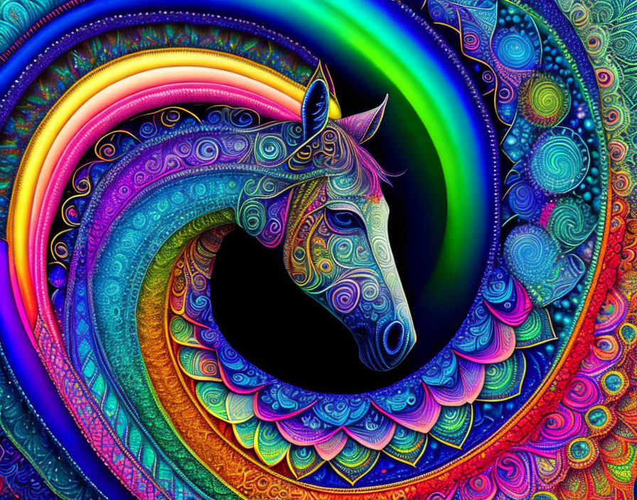 Colorful Psychedelic Horse Profile Artwork with Swirling Patterns