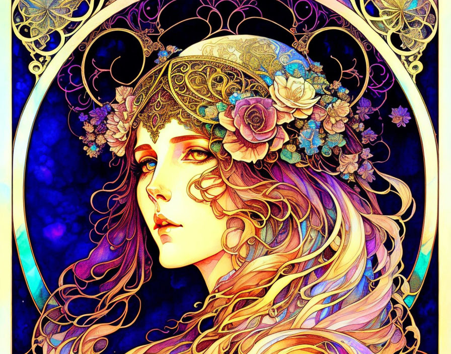 Art Nouveau-inspired woman with flowing hair and floral headpiece against blue and gold backdrop