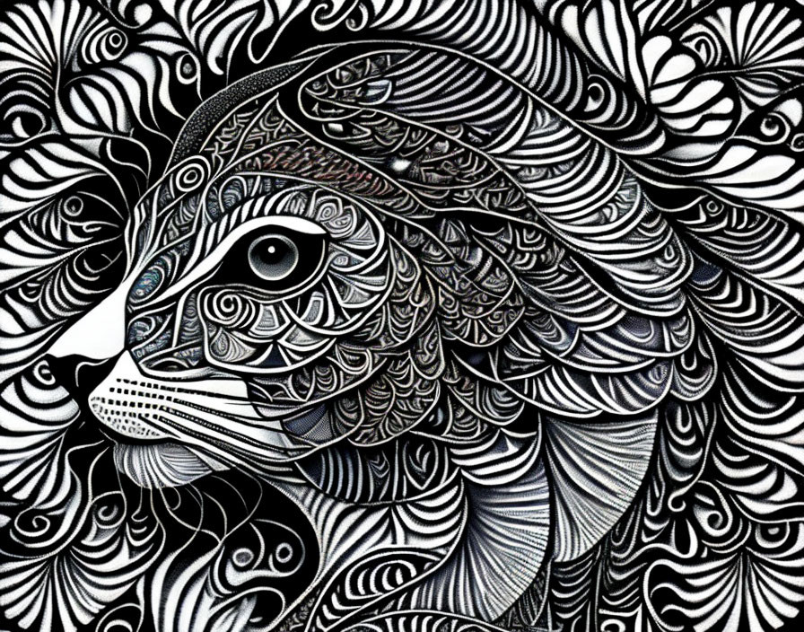 Monochromatic zentangle cat illustration with swirling patterns