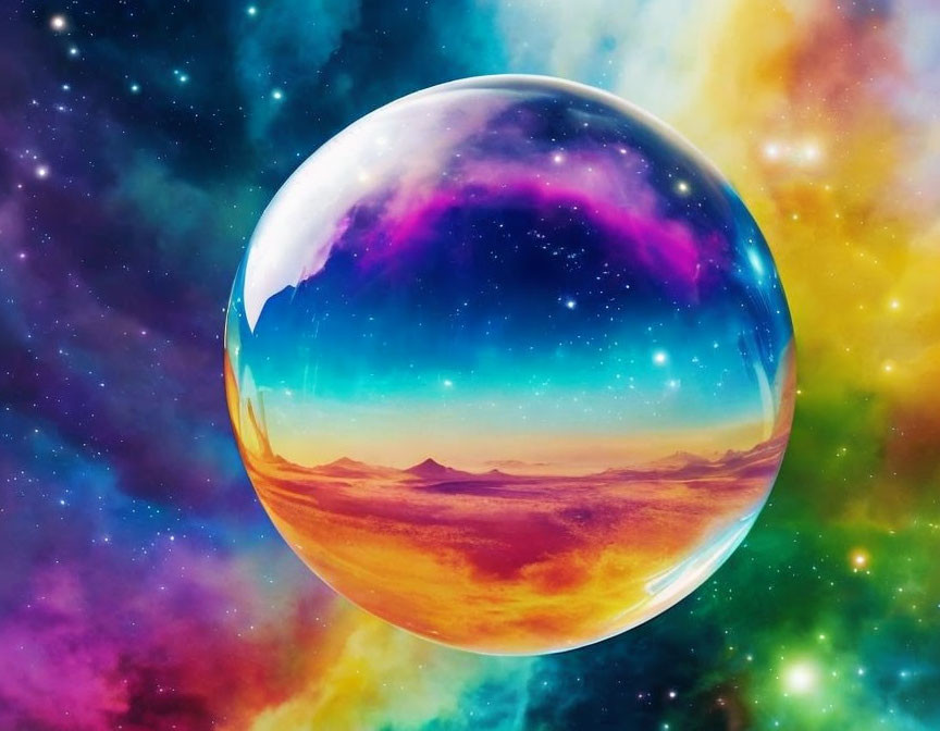 Colorful soap bubble reflects serene desert landscape against cosmic backdrop