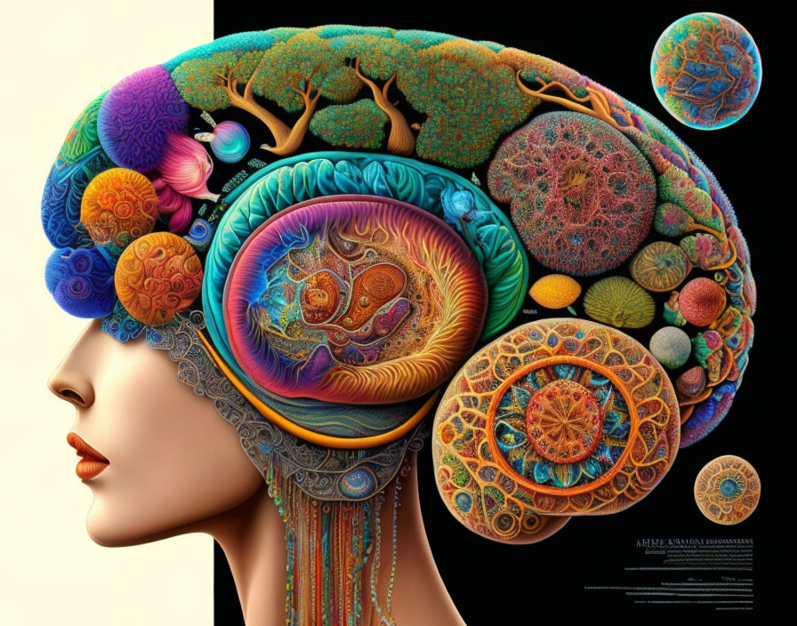 Colorful profile of human head with intricate brain patterns