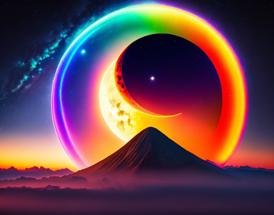 Colorful Crescent Moon Over Mountain in Surreal Landscape