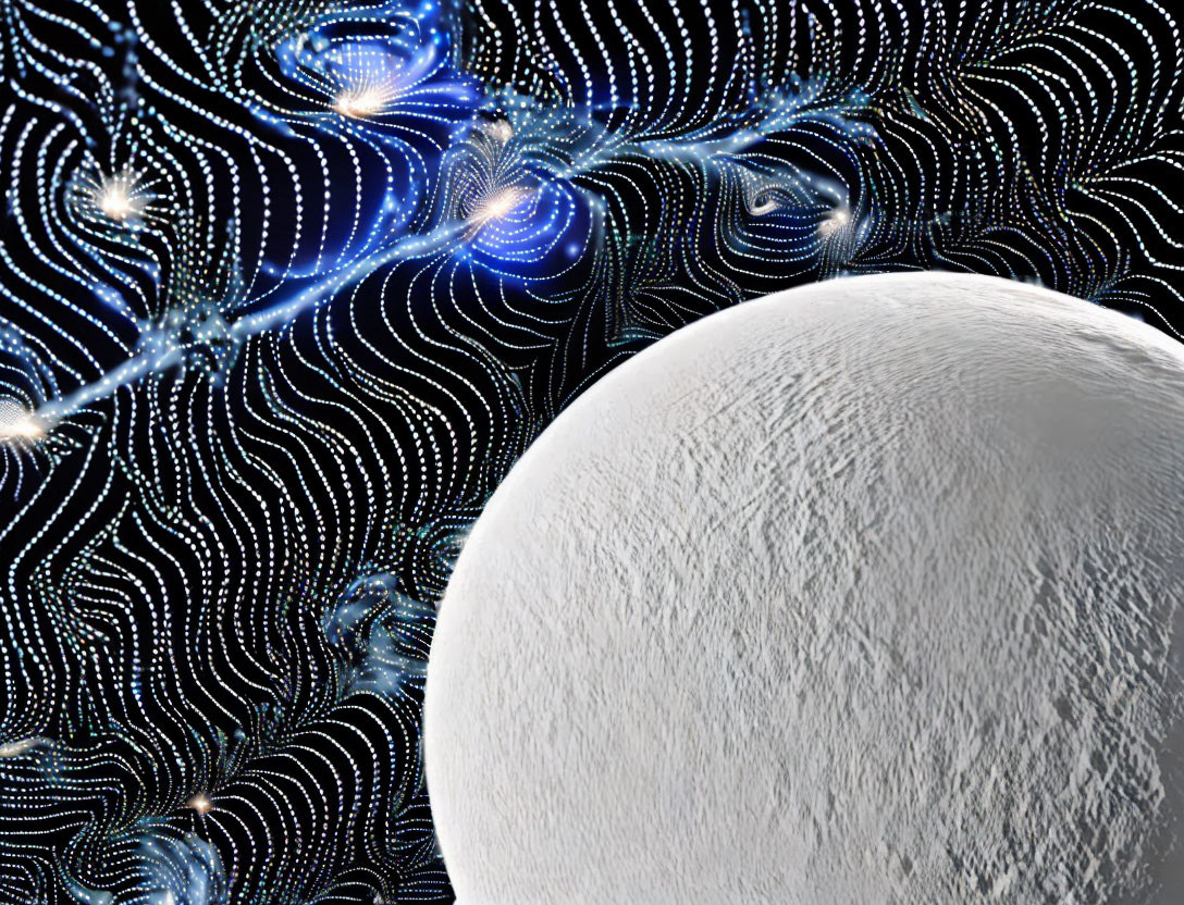 Celestial body artwork with cosmic backdrop and blue light points