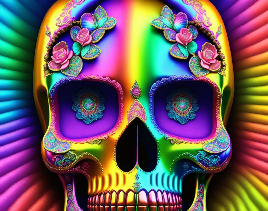 Vibrant Psychedelic Skull with Floral Patterns on Colorful Background