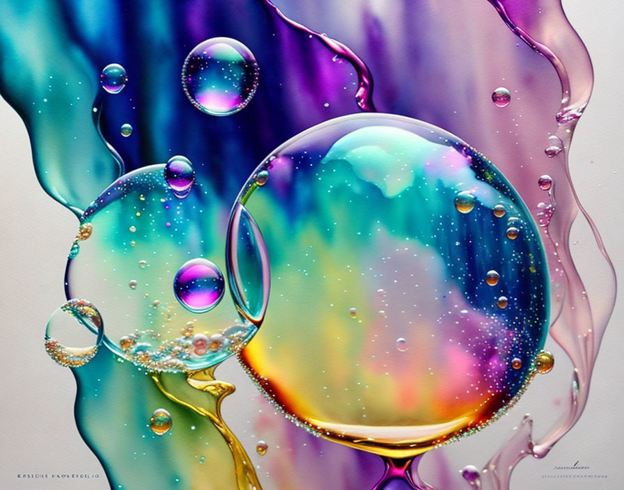 Vibrant swirling patterns in colorful soap bubbles on vivid background