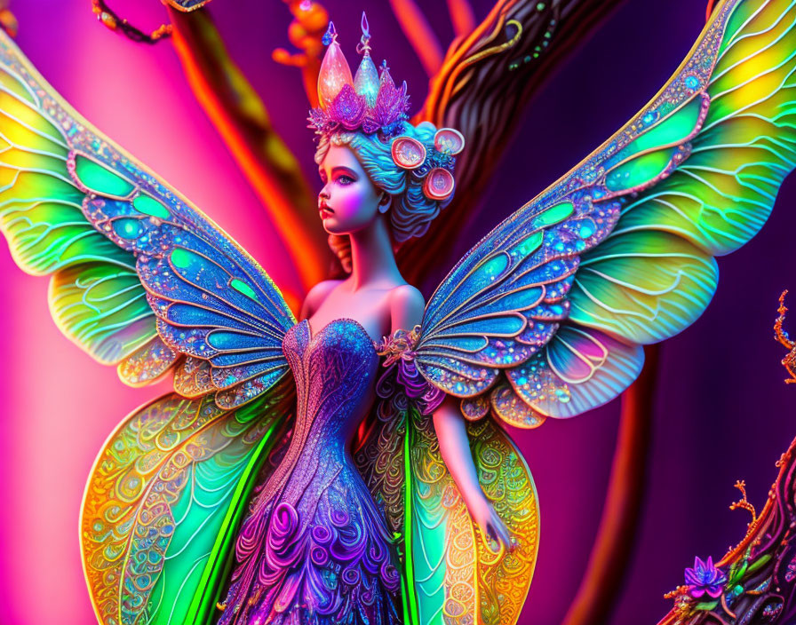 Fantastical fairy with iridescent wings and colorful costume on pink-purple background