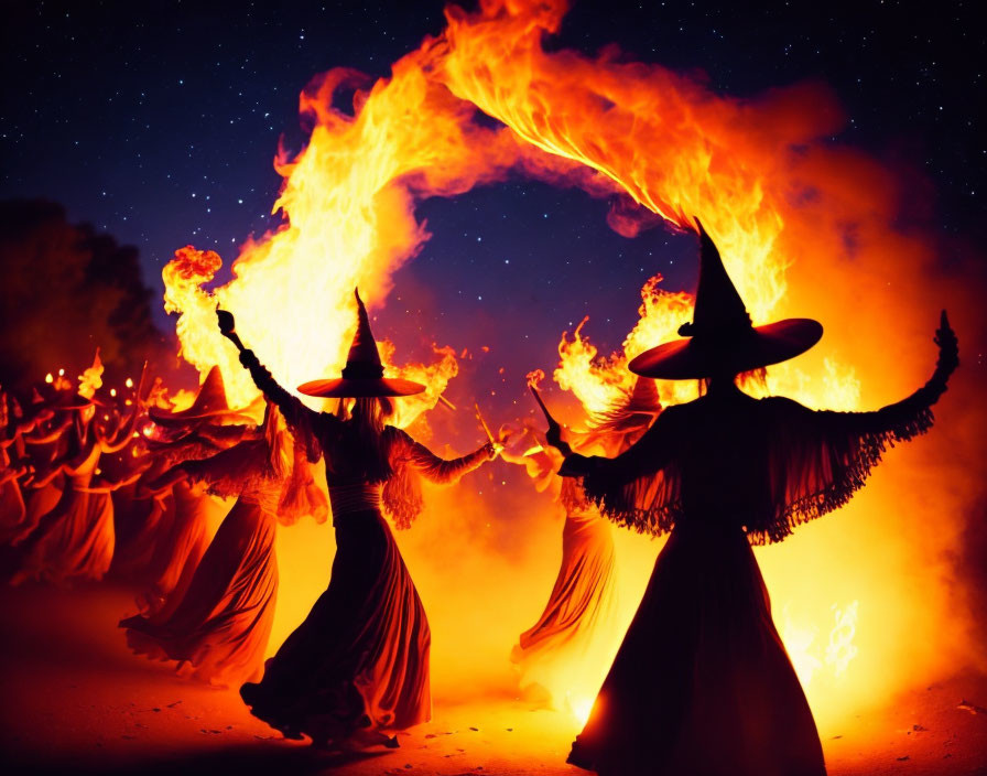 Two individuals in witch costumes dance with fire against night sky, forming striking flames arch.