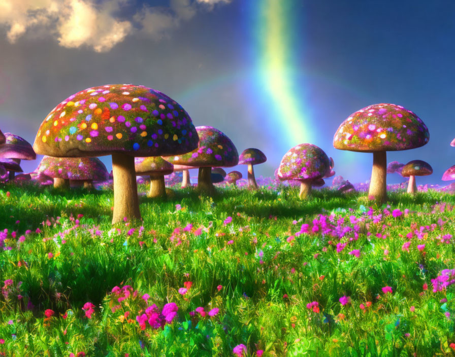 Vibrant field with colorful oversized mushrooms and rainbow sky