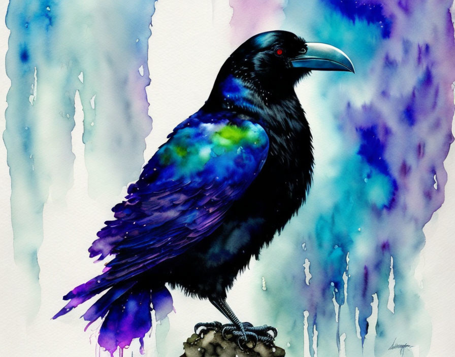 Iridescent Raven Watercolor Painting in Blue and Green