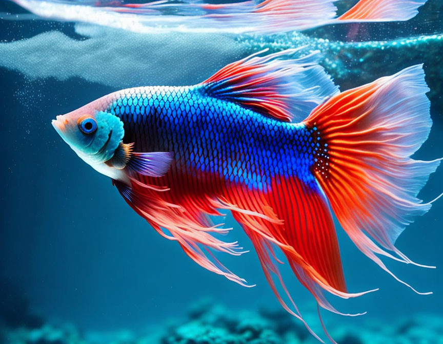 Colorful Betta Fish Swimming in Clear Blue Water