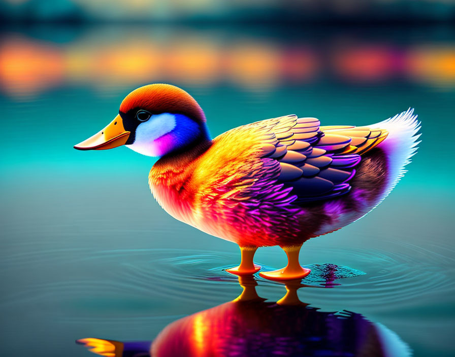 Colorful Duck with Orange, Blue, and Purple Feathers in Water with Bokeh Lights.