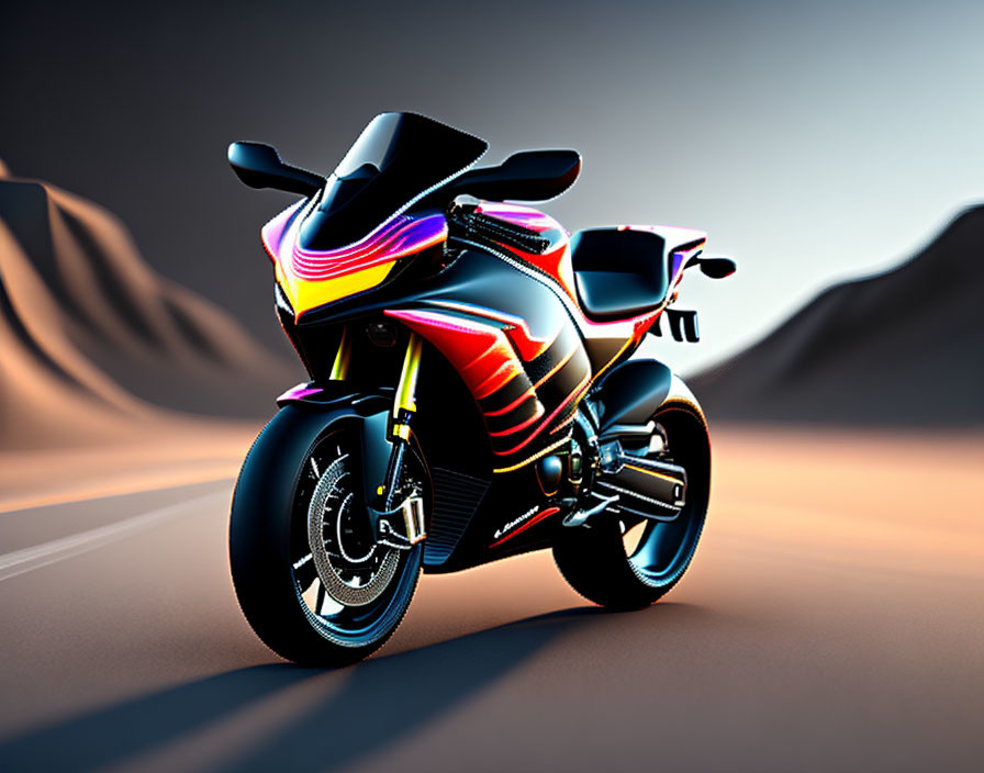 Vibrant neon-accented motorcycle on gradient desert backdrop