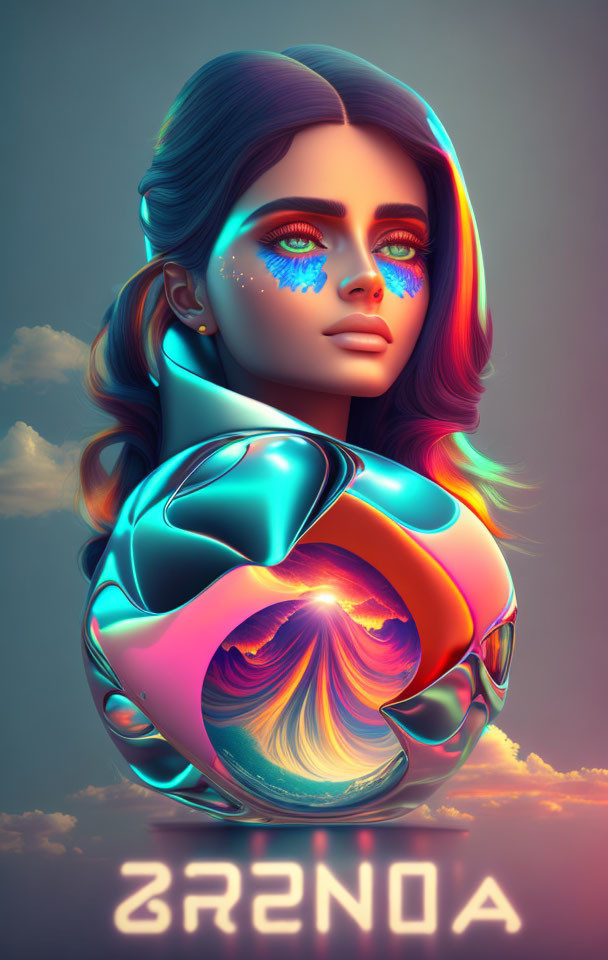 Stylized digital artwork: Female figure with blue eyes, vibrant makeup, metallic clothing