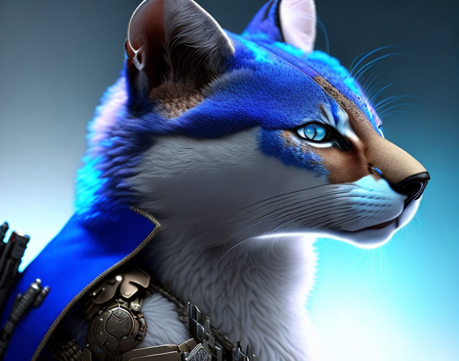 Blue-furred anthropomorphic cat with futuristic collar and intense gaze