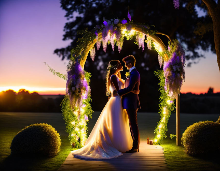 Couple Embracing Under Flower Archway at Dusk