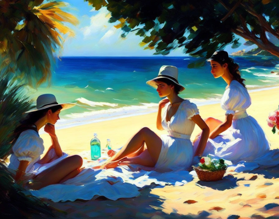 Three Women Relaxing on Sunlit Beach with Turquoise Waters and Palm Trees