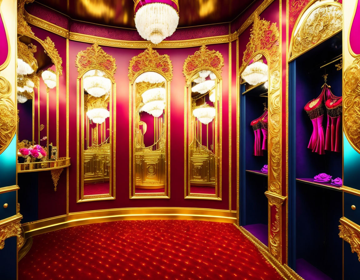 Luxurious Red Carpeted Dressing Room with Gold and Purple Decor