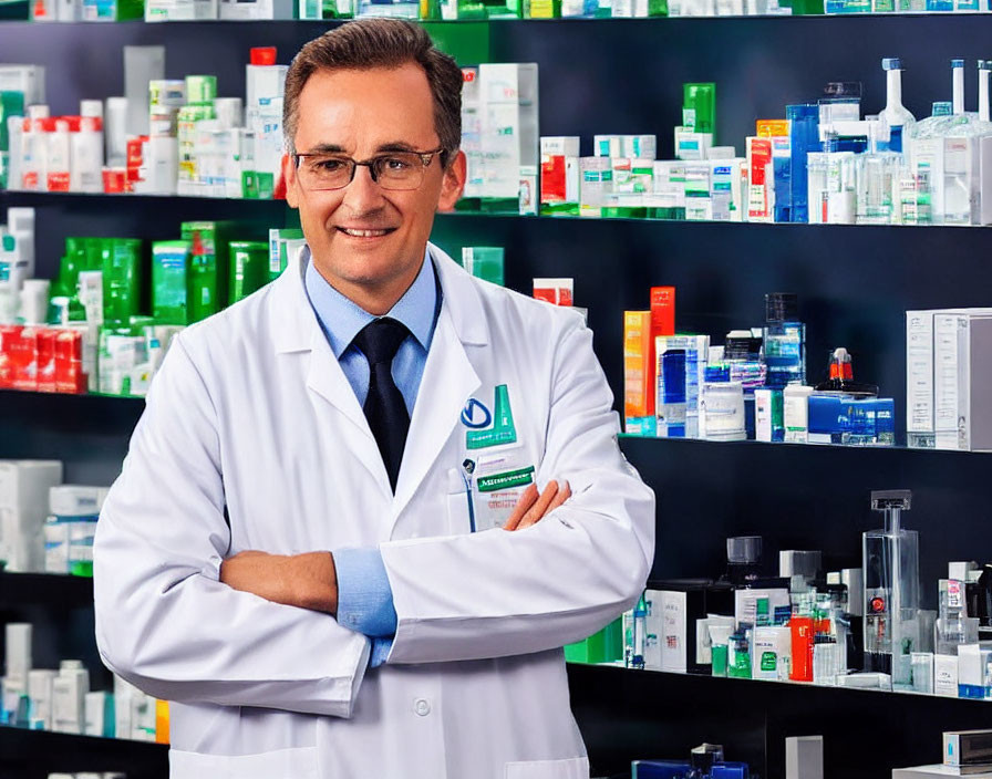 Male pharmacist in white lab coat with glasses standing by stocked shelves