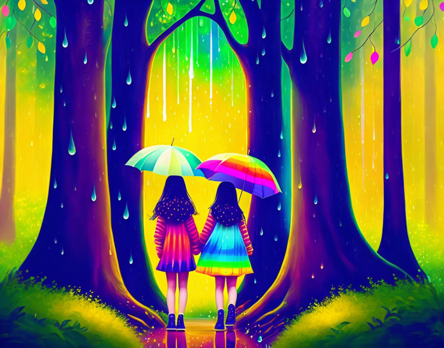 Colorful Rainy Forest Scene: Two Girls with Umbrellas by Tree Archway