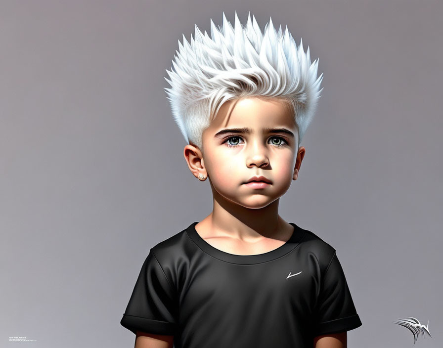 Young child with white-spiked hair in black Nike t-shirt art