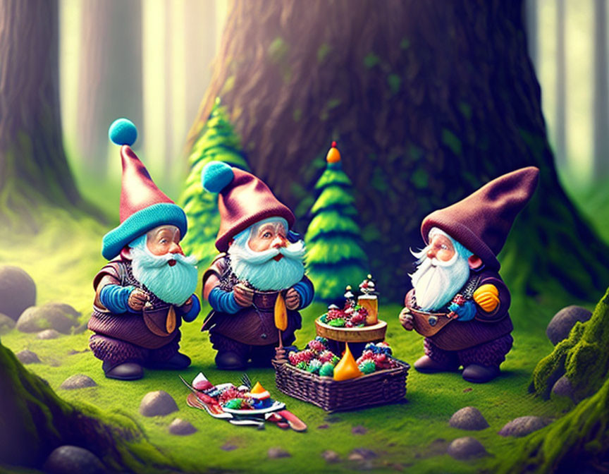 Colorful garden gnomes with sweets and fruits near tree in mossy forest