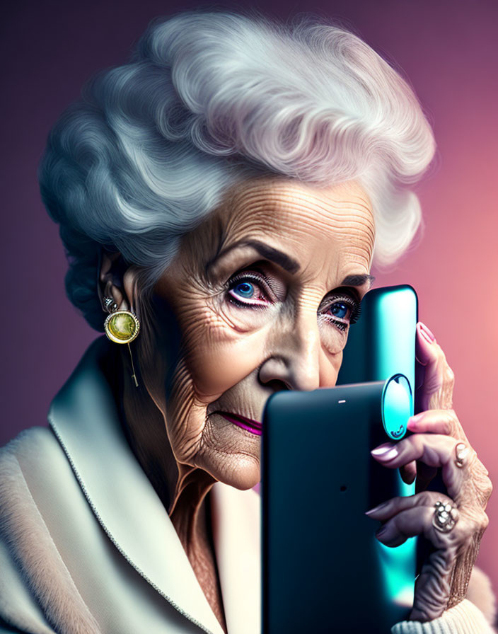 Elderly woman with silver hair and blue eyes looking at smartphone in surprise wearing elegant earrings and classic