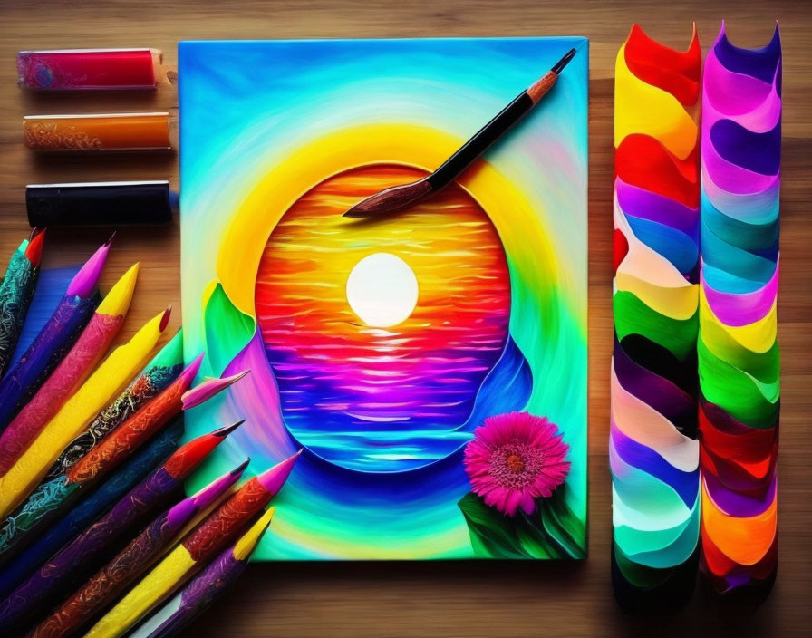 Colorful sunset painting with crayons, pens, flower, and paper sheets