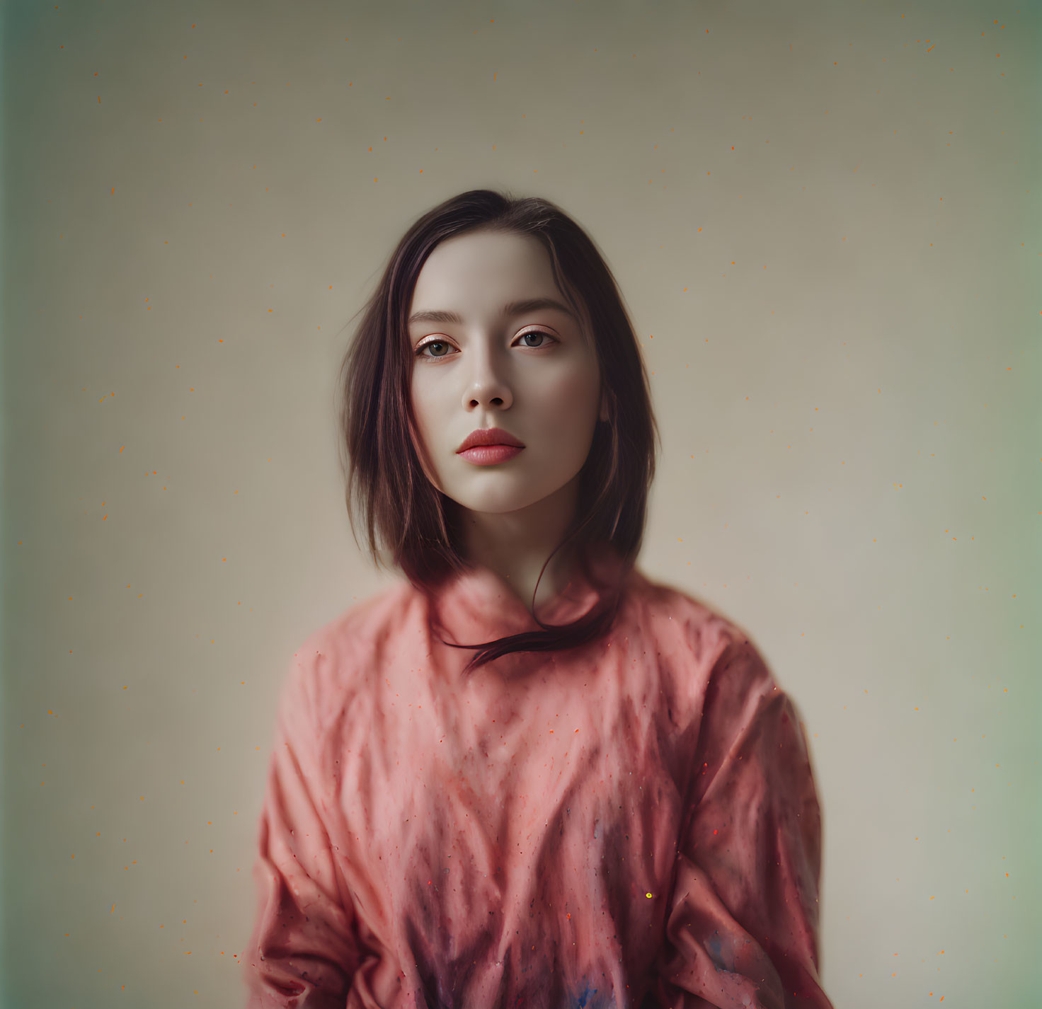 Dark-haired woman in pink top against greenish speckled backdrop