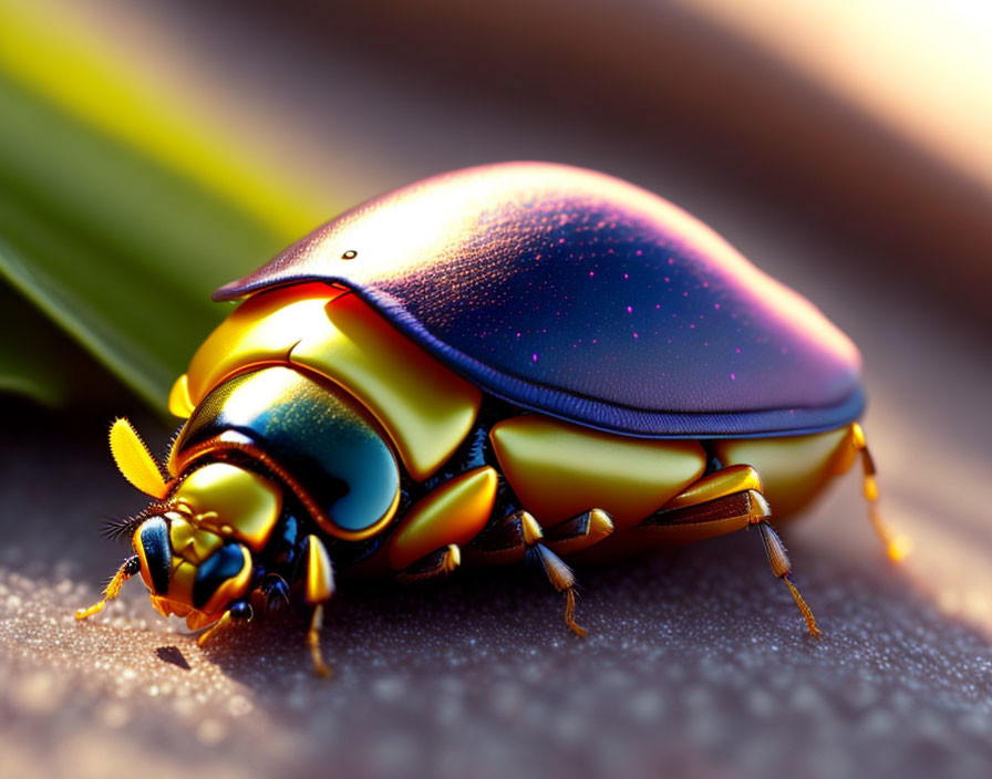 Colorful Iridescent Beetle Crawling Near Green Leaf