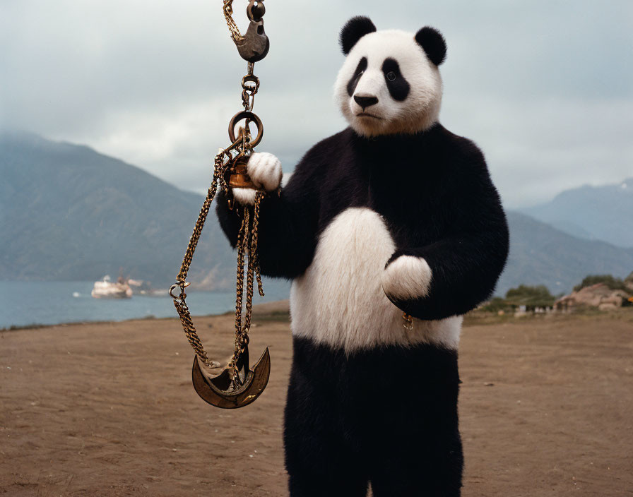 Person in panda costume holding anchor by the sea with ship in background