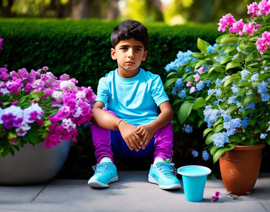 Child in Blue Shirt and Purple Pants Among Colorful Flowers