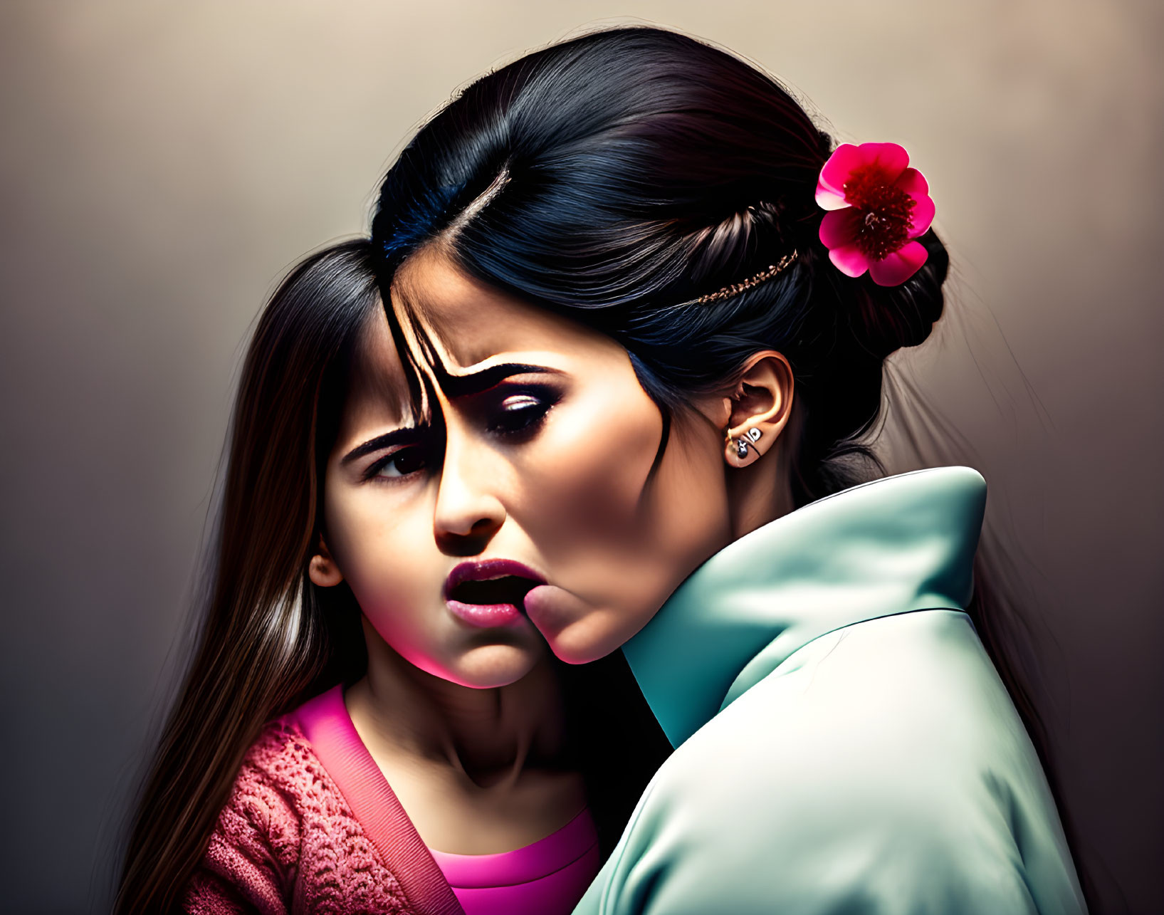 Intense Woman and Child Illustration with Concerned Expressions