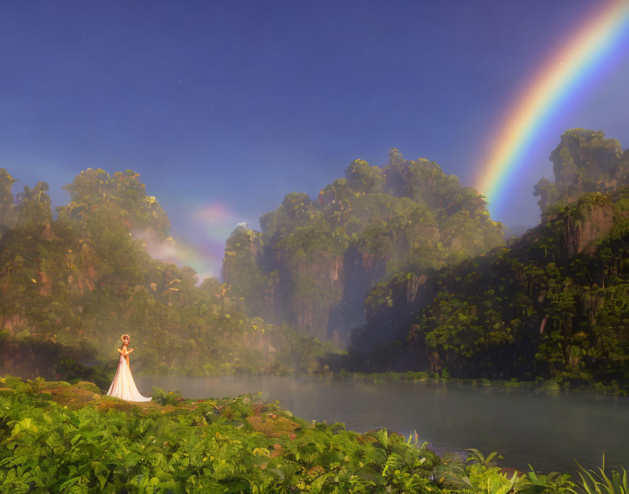 Tranquil landscape with rainbow, lush cliffs, lake, and woman in white dress