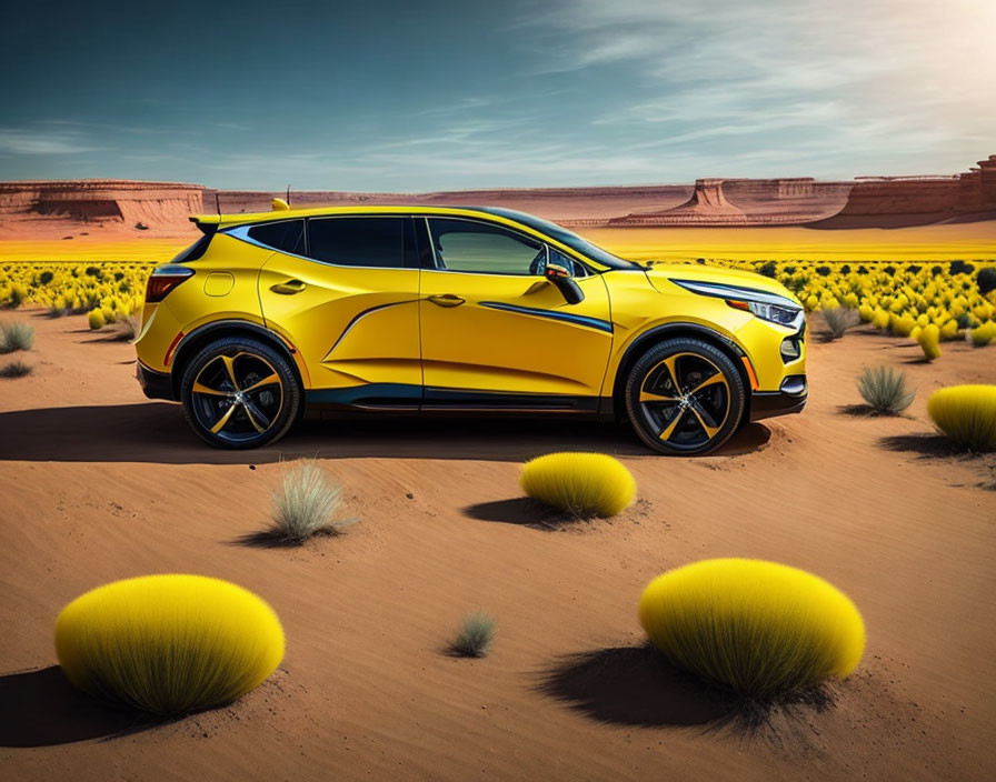 Yellow SUV parked in desert with red rock formations