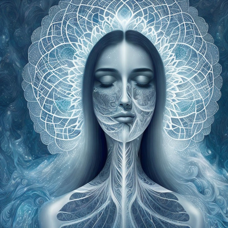 Detailed digital artwork of woman with white mandala halo and intricate skin patterns on blue backdrop