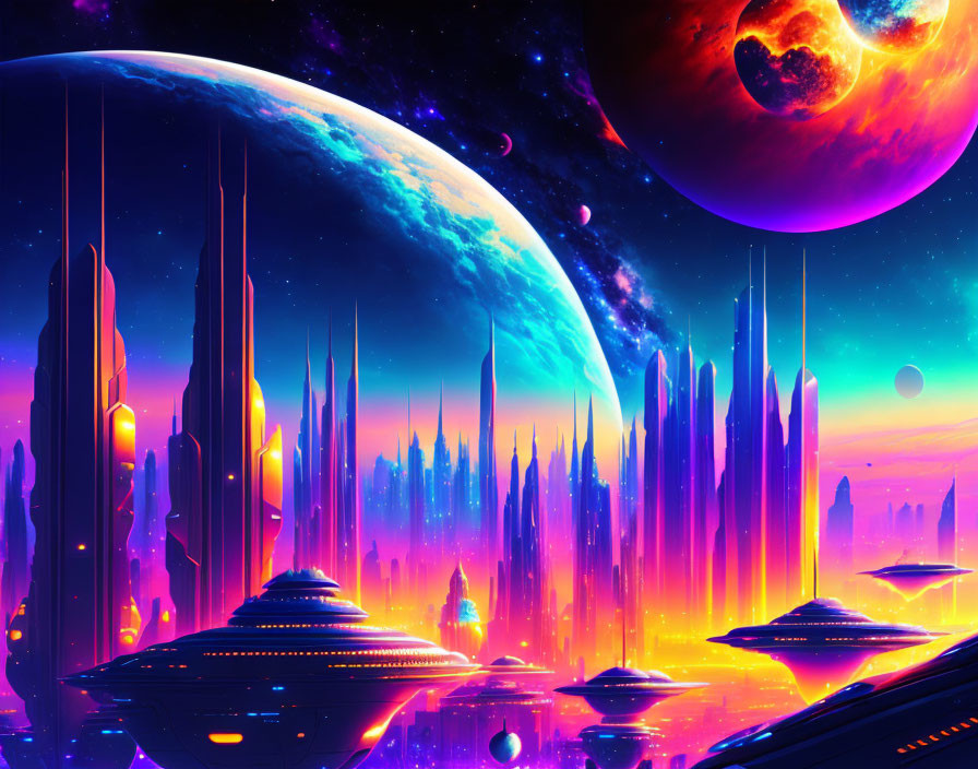 Futuristic sci-fi cityscape with spaceships and planets