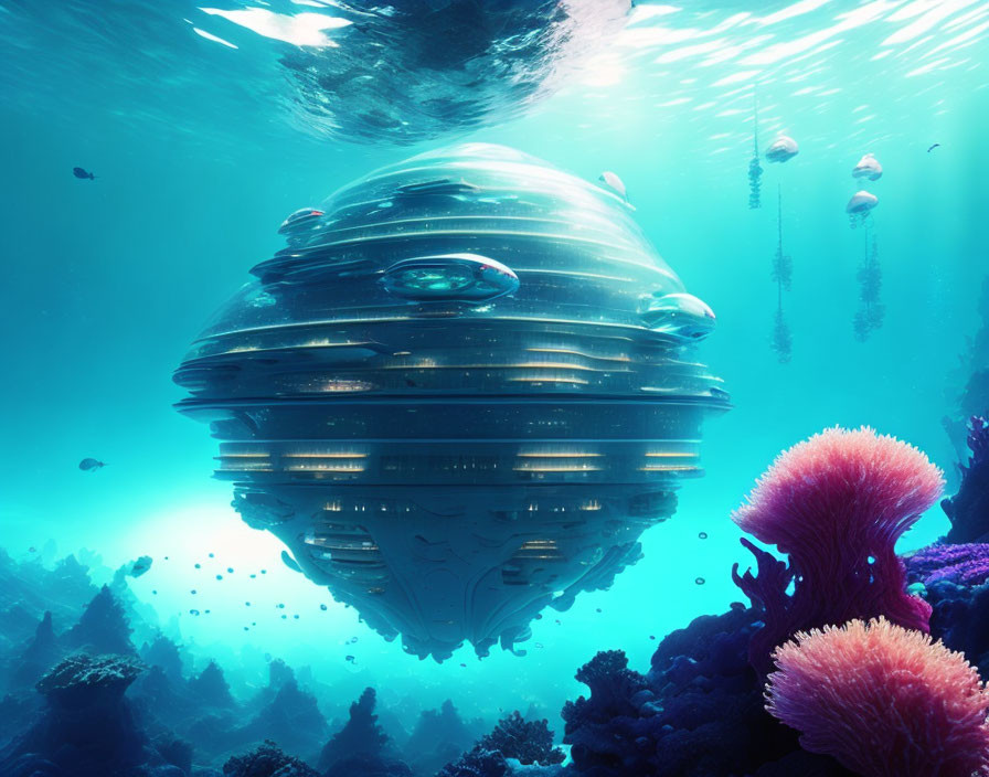 Futuristic submarine city in underwater scene with marine life and coral reefs