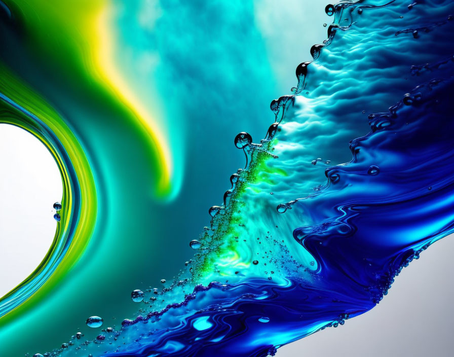 Vibrant green and blue liquids in dynamic interaction on neutral background