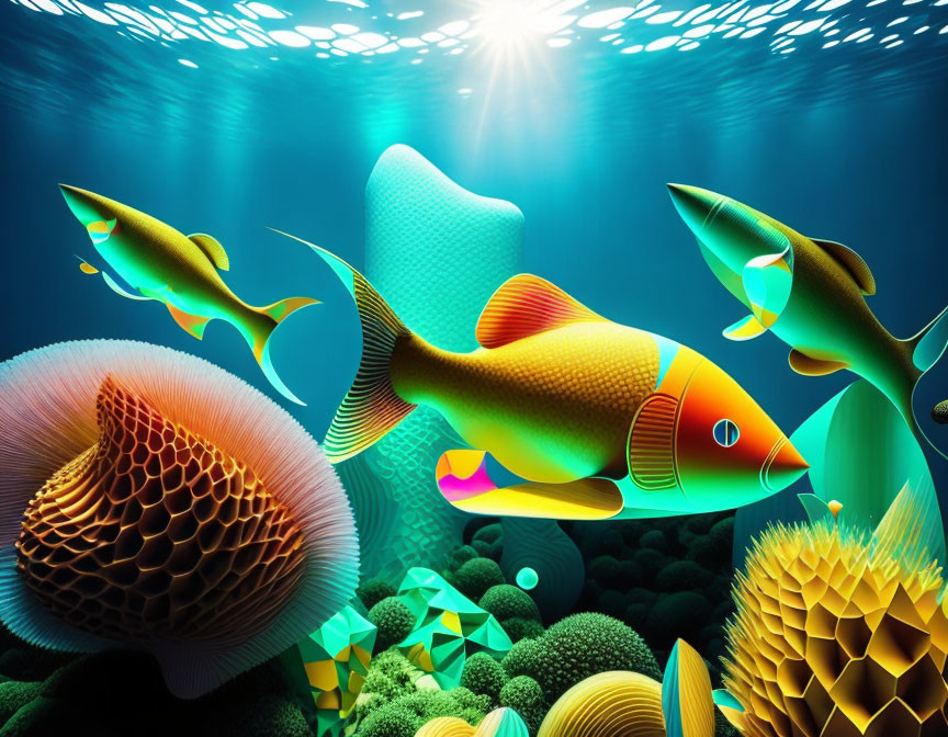 Colorful geometric fish and coral in vibrant underwater scene