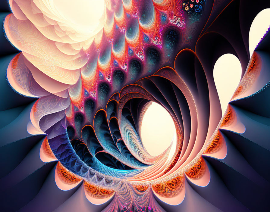 Colorful fractal image with intricate patterns and spiraling tunnel effect in orange, blue, and purple